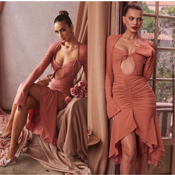 HOUSE OF CB 'Reine' Rose Real Silk Ruffle Midi Dress - Picture 7 of 13